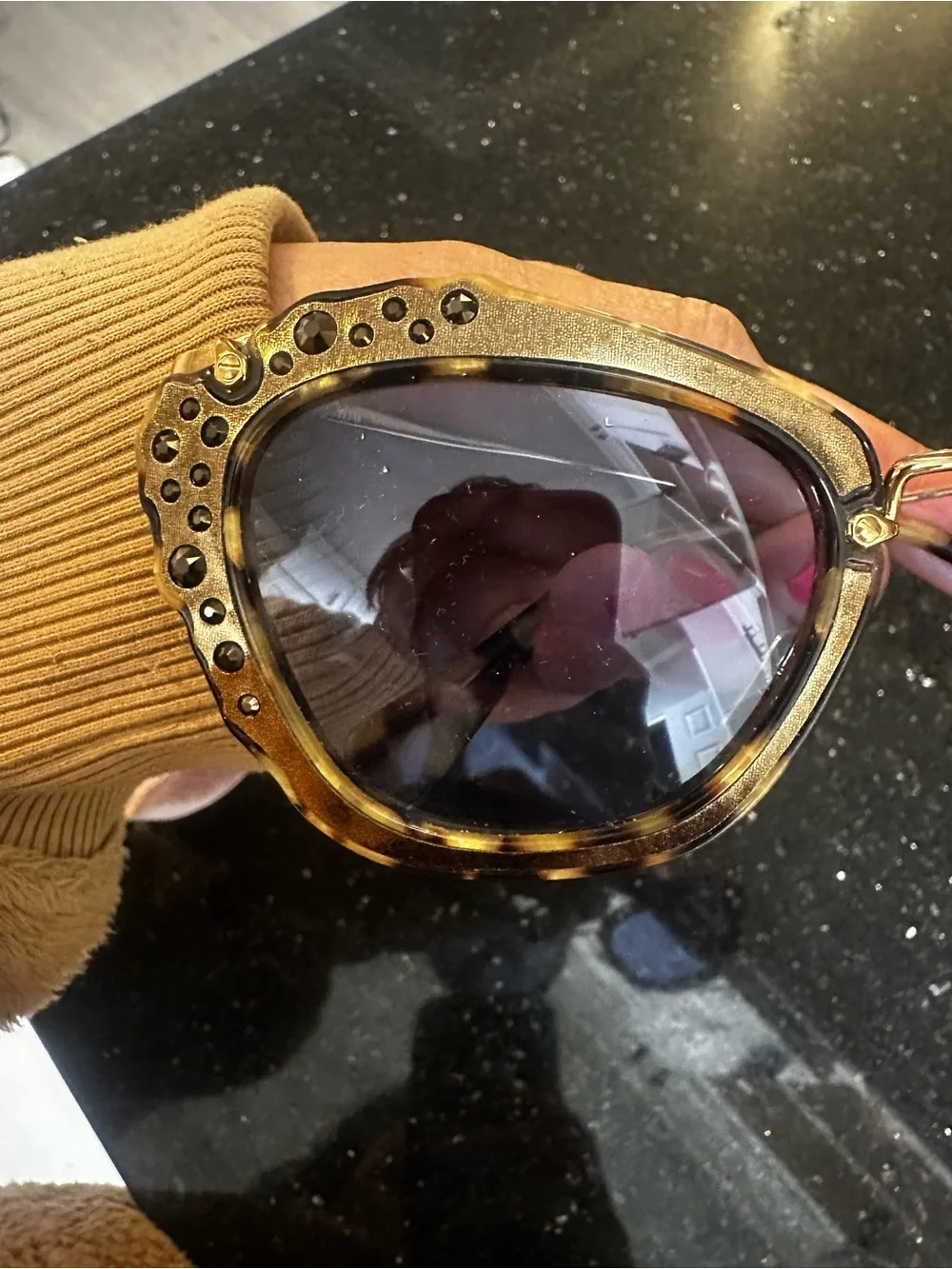 Miu Miu Gold Tortoiseshell Frame Sunglasses with Purple Lenses - Picture 6 of 6
